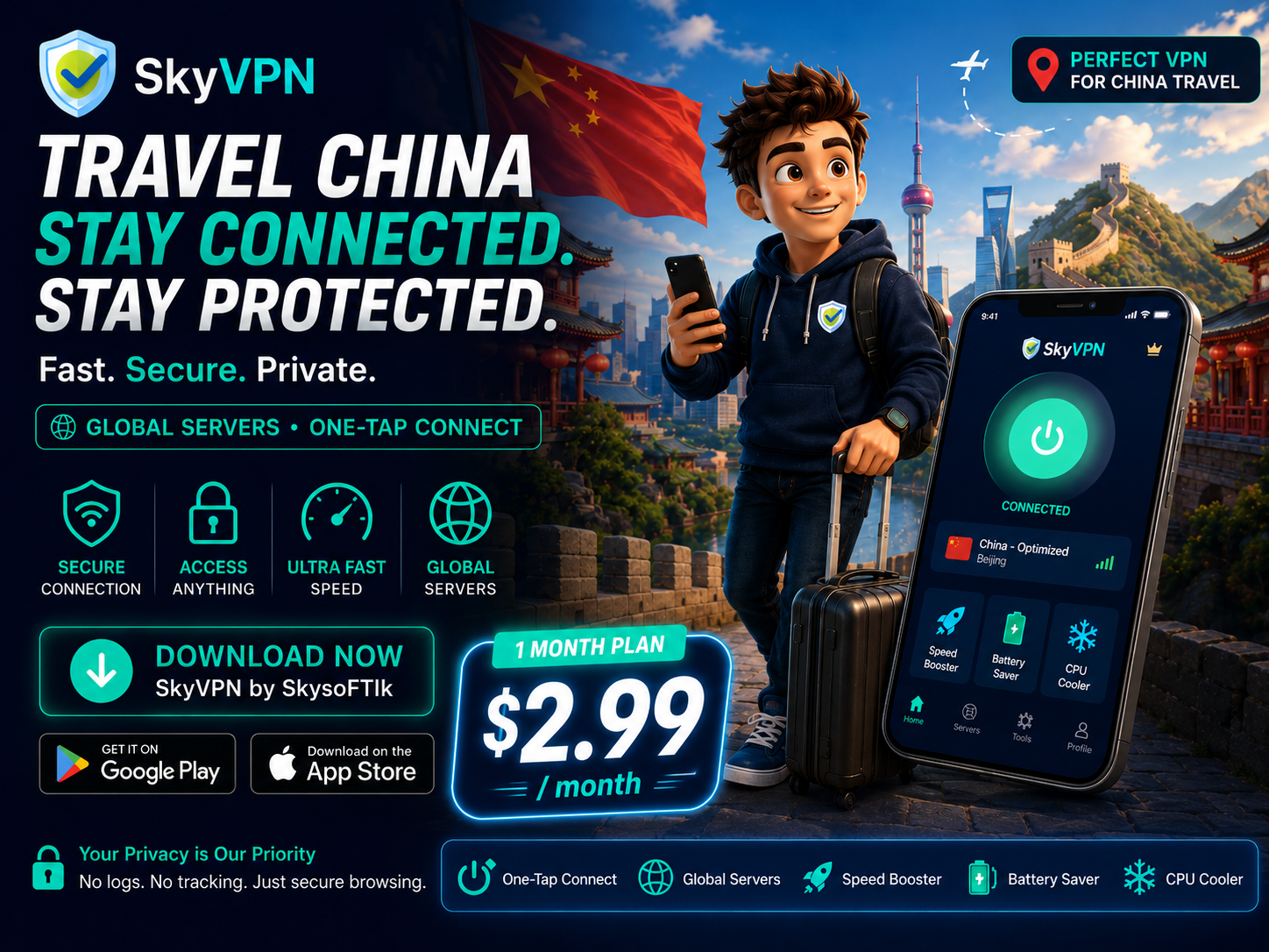 SkyVPN China travel VPN poster with phone, traveler, China landmarks, and VPN features